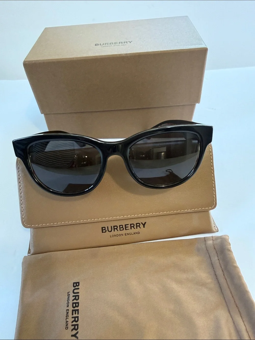 Burberry Men’s Black Sunglasses with Brown Case and Pouch